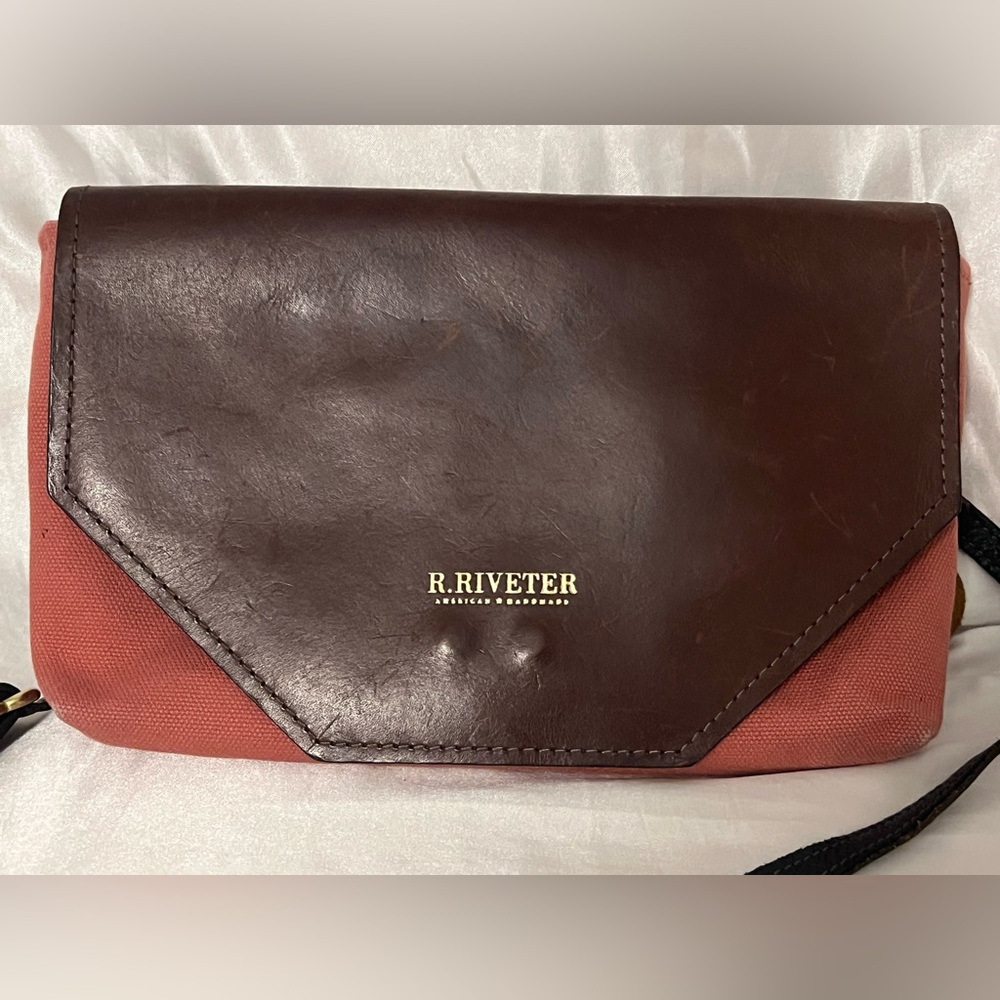 R. Riveter Brown Leather  Canvas Crossbody Purse Bag USA 7"x10"